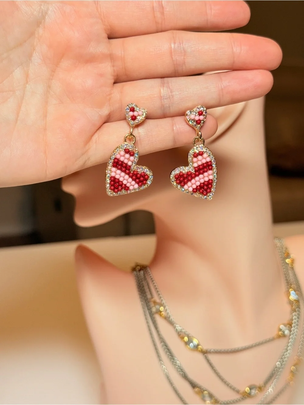 Gold-Tone Red Beaded Heart Drop Earrings